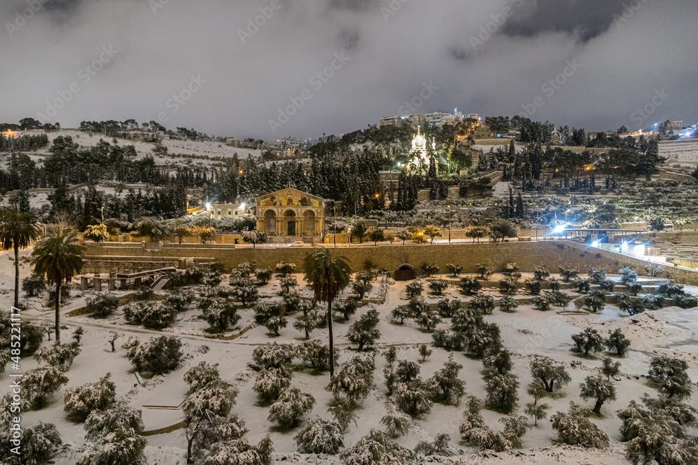 view to mt of olives in jerusalem with snow