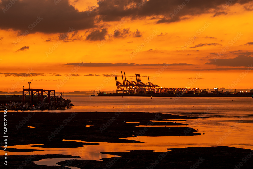 Seaside landscape with container crane and sunset
