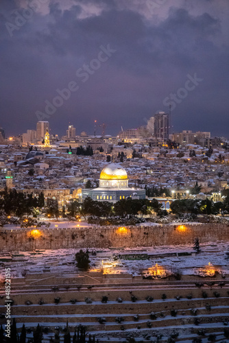 sunrise magic hour of dome of the rock in jerusalem with snow
