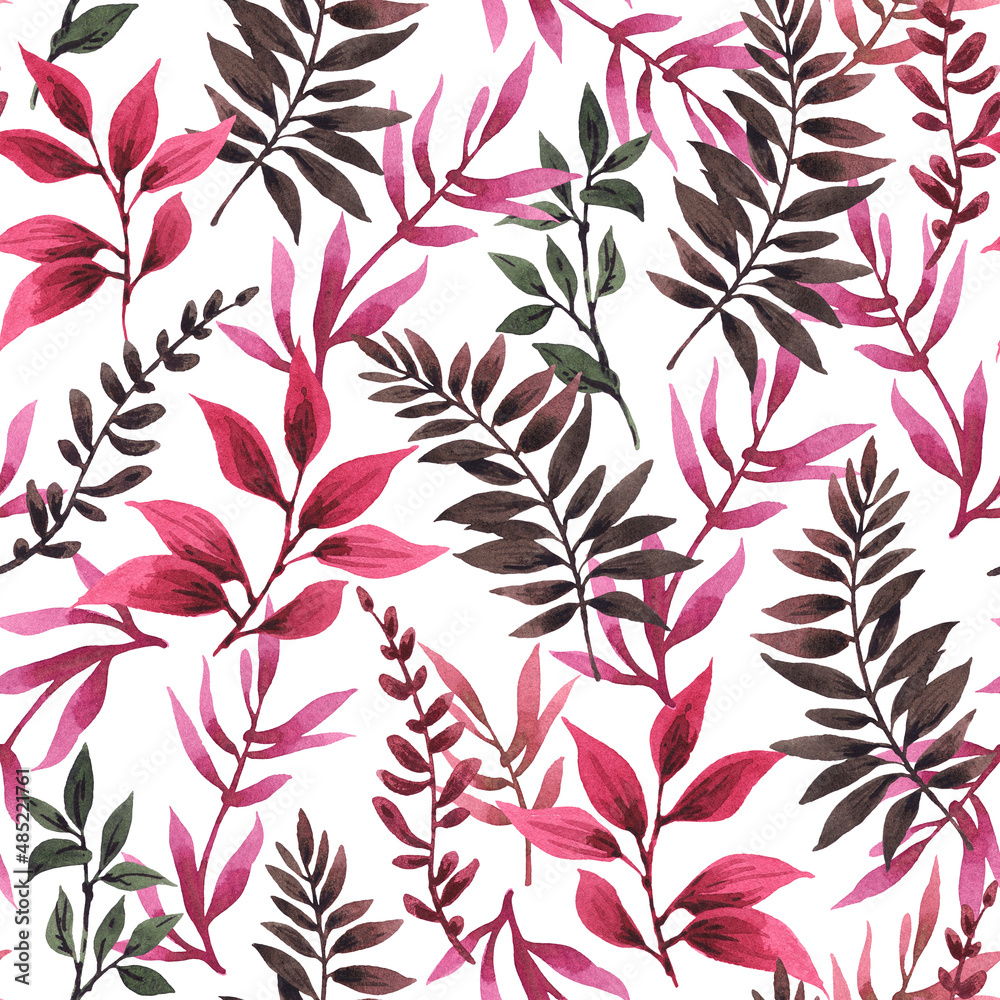 Seamless pattern of leaves. Hand drawing, watercolor. Design wallpaper, fabric and packaging Seamless pattern of leaves. Hand drawing, watercolor. Design wallpaper, fabric and packaging