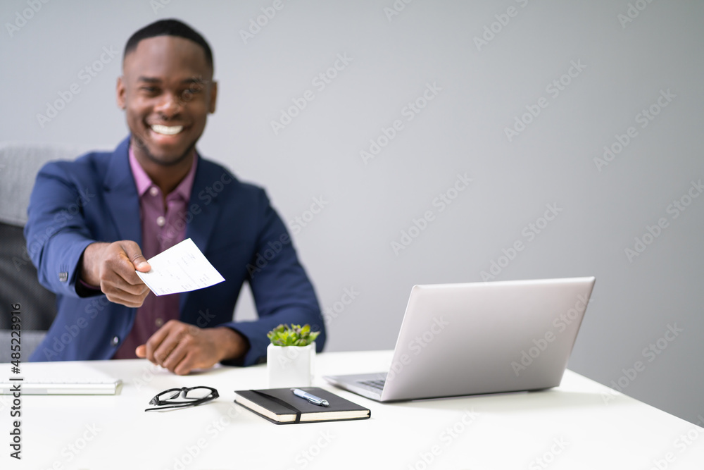 African Business Man Giving Paycheck African Business Man Giving Paycheck
