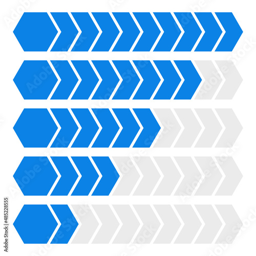 Progress bar. Steps, phases, level indicator. Yardstick meter. Rank, grade, stage chart, graph