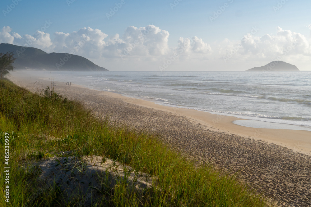 Incredible beach in the middle of nature, Atlantic forest. Praia do Moçambique, Rio Vermelho, Florianópolis, Santa Catarina, Brazil - drone view, top view
