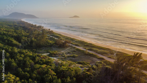 Amazing beach with sunrise, Mozambique beach, Florianópolis, Santa Catarina, Brazil, droneview, topview