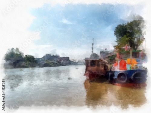 River landscape with boats moored on its banks watercolor style illustration impressionist painting.