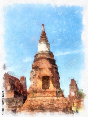 Landscape of ancient ruins in Ayutthaya World Heritage Site watercolor style illustration impressionist painting.