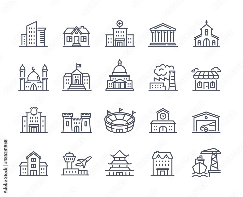 Simple set of icons with buildings in linear style. Stickers with church, mosque, house, factory and airport. Design elements for website. Cartoon flat vector collection isolated on white background