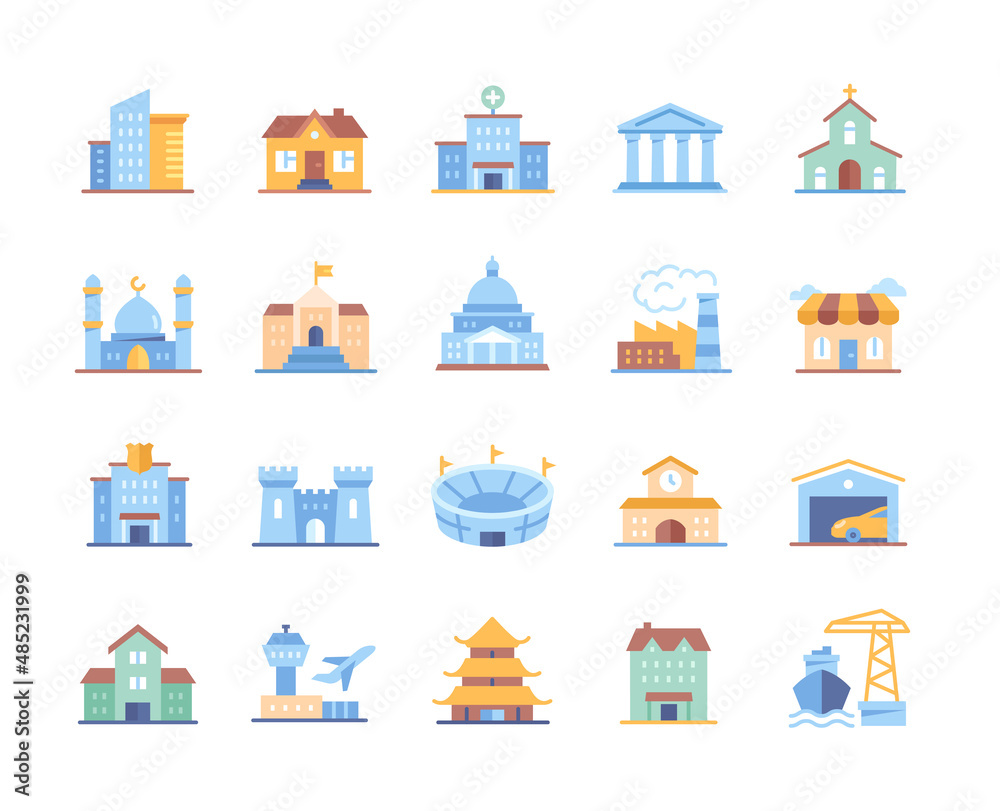 Colorful set of icons with different buildings. Bright stickers with hospital, house, sports stadium and garage. Design element for web. Cartoon flat vector collection isolated on white background Colorful set of icons with different buildings. Bright stickers with hospital, house, sports stadium and garage. Design element for web. Cartoon flat vector collection isolated on white background