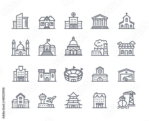 Simple set of icons with buildings in linear style. Stickers with church, mosque, house, factory and airport. Design elements for website. Cartoon flat vector collection isolated on white background