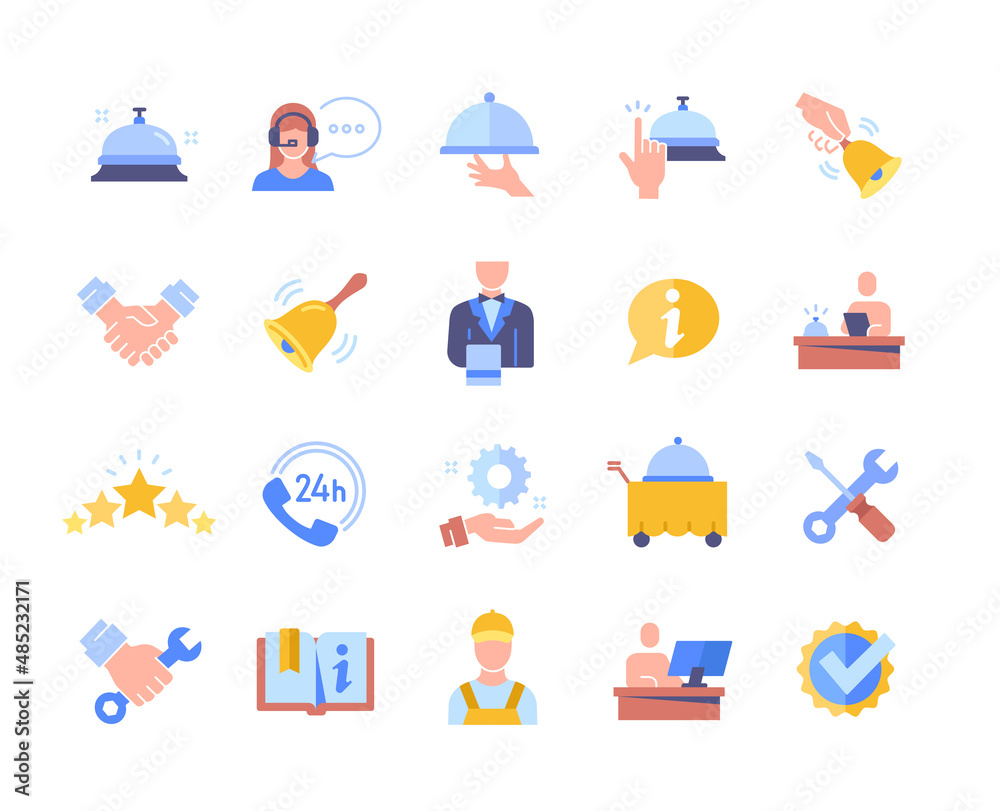 Colorful set of icons with maintenance and service. Stickers with restaurant menu, round clock support service, handshake and manager. Cartoon flat vector collection isolated on white background Colorful set of icons with maintenance and service. Stickers with restaurant menu, round clock support service, handshake and manager. Cartoon flat vector collection isolated on white background