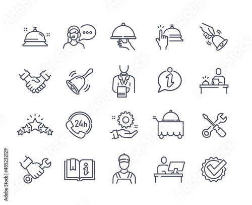 Simple set of icons with service and maintenance. Stickers with waiter, hotline operator, builder and rating. Design elements for website. Cartoon flat vector collection isolated on white background