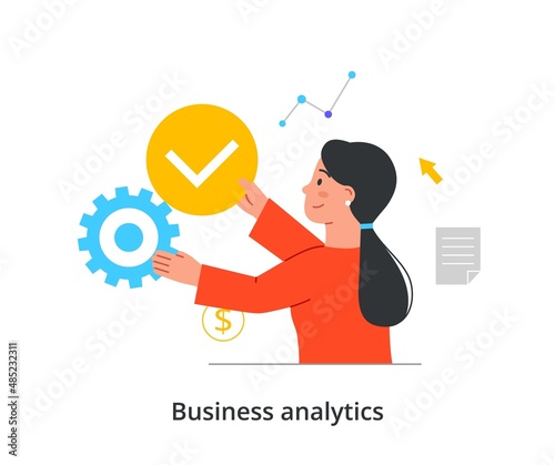 Business and entrepreneurship abstract concept. Woman analyzes profitability of company and sets up promotion strategies. Achieving financial success. Cartoon flat vector illustration in doodle style