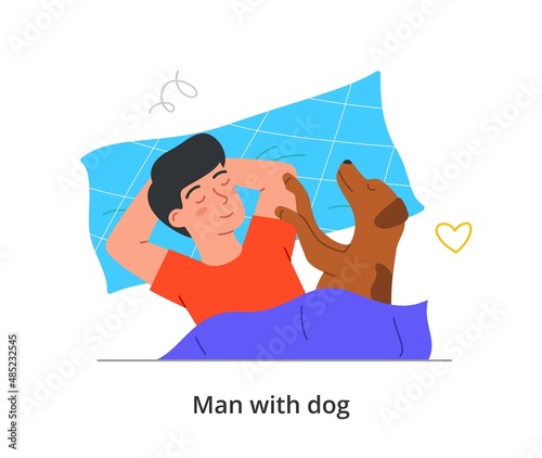 Happy pet owner abstract concept. Young man lying on bed with his cute puppy. Male character sleeps with fluffy dog on soft pillow. Cartoon contemporary flat vector illustration in doodle style