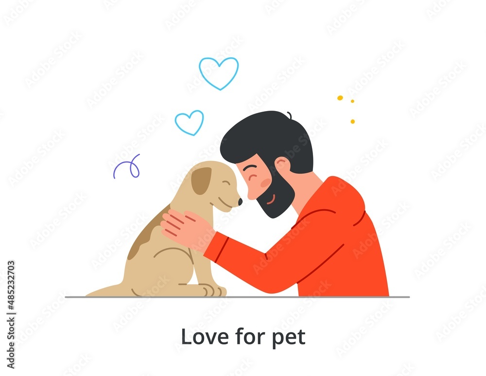 Happy pet owner abstract concept. Young man smiles and rubs his noses with  his beloved fluffy puppy. Male character shows tenderness to dog. Cartoon  modern flat vector illustration in doodle style Stock