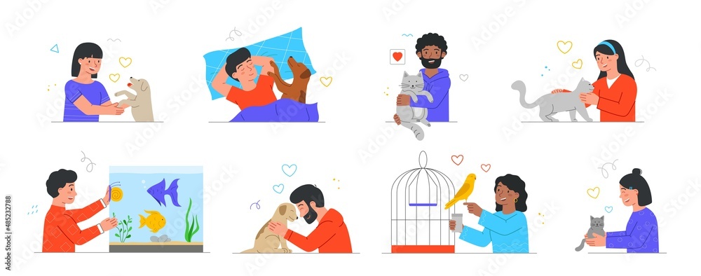 Set of happy pet owners. Young Men and women take care of cats, dogs, fish in aquarium and birds. Love and tenderness for animals. Cartoon flat vector collection isolated on white background