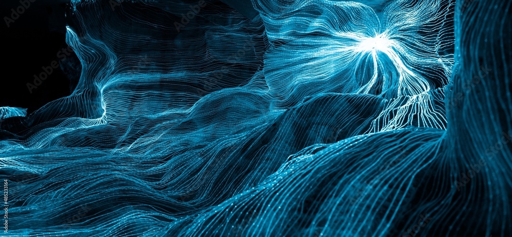 Abstract wave of digital weave lines connecting network dots and dark ...