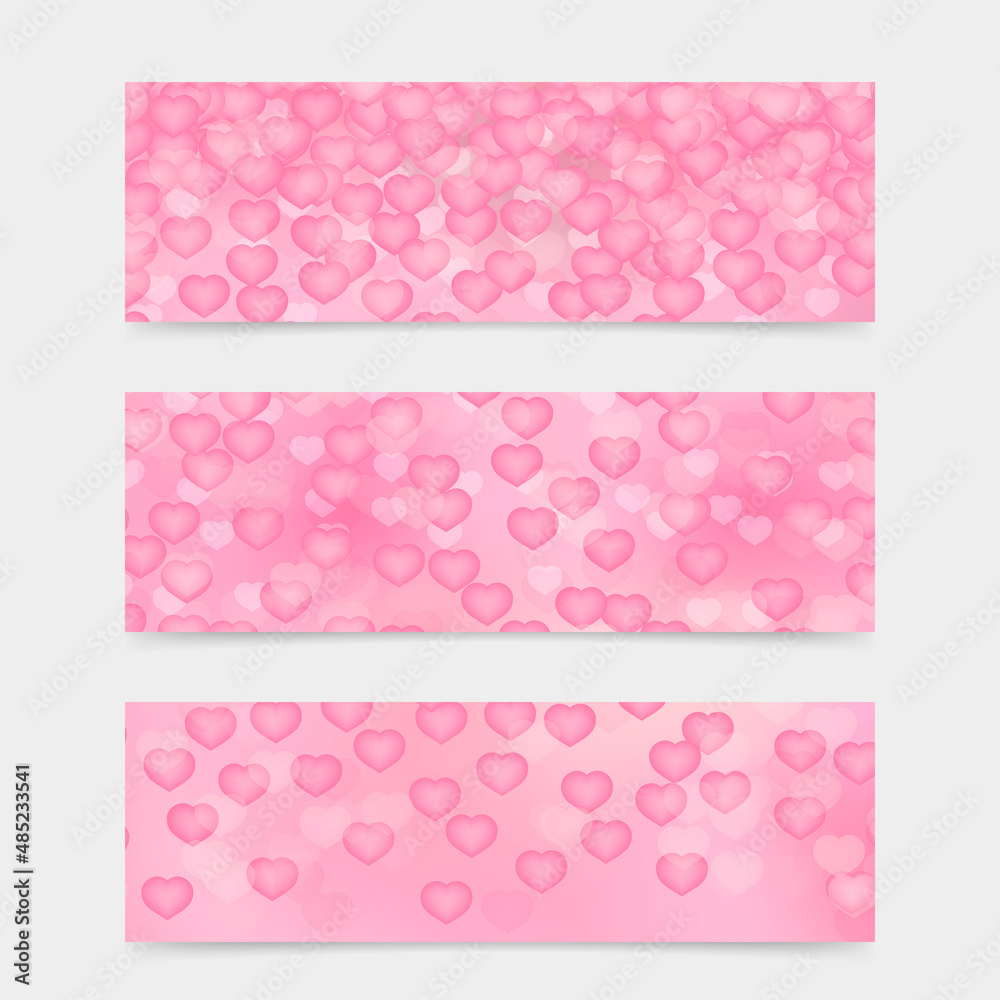 Falling  hearts vector background. Set of 3 banners for Valentines Day. Perfect template for website, social media, etc