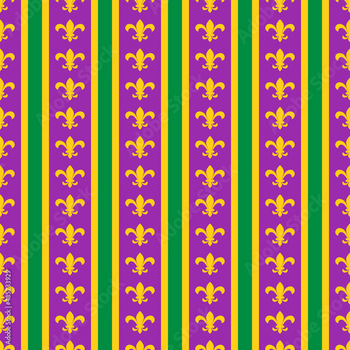 Mardi Gras Fleur de lis  seamless pattern.  Green, purple and yellow background.  Vector template for carnival decorations