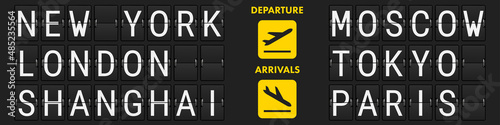 Airport mechanical scoreboard. Equipment board message departures and arrivals flight. Flipping departure countdown. Schedule arriving for travel. 3D realistic vector illustration.
