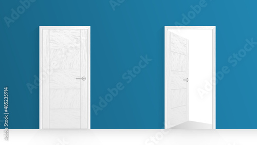 White wooden door with frame and blue wall, Open, close compare. Interior modern illustration. Minimal concept.