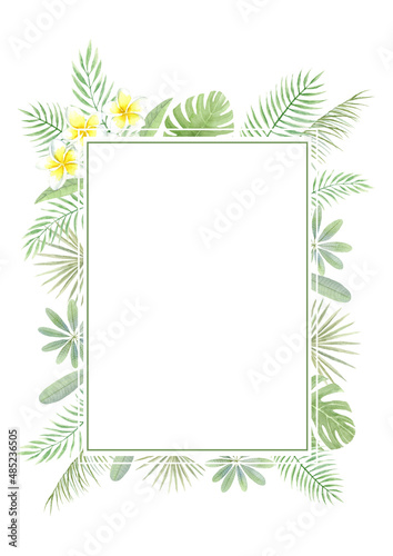 プルメリアと夏の葉の外フレーム　縦長　水彩イラスト