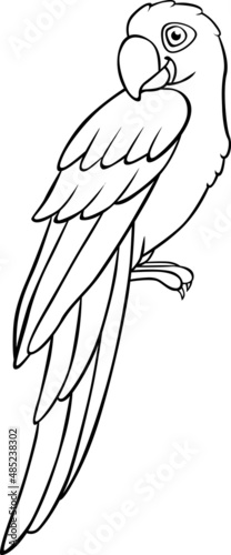Coloring page. Cute parrot blue macaw sits and smiles.