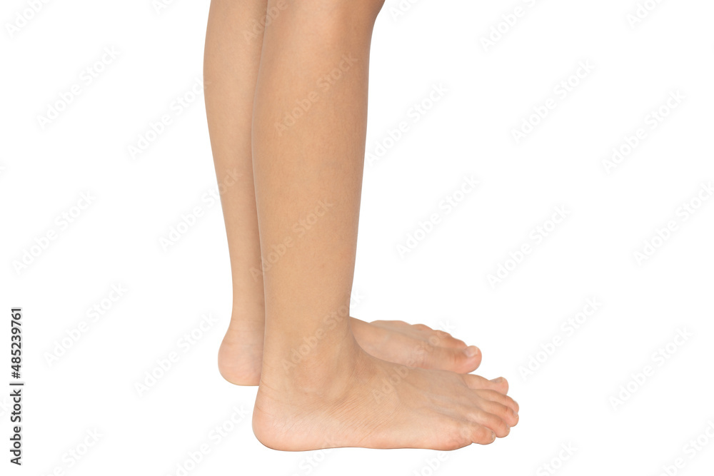 Cute kid leg, fast growing foot, isolated on white background. Stock