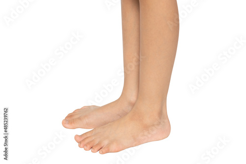 Cute kid leg, fast growing foot, isolated on white background. © Teerapong
