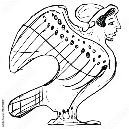 Ancient Greek siren or harpy. Fantastic mythological bird with female head. Vase painting style. Hand drawn linear doodle rough sketch. Black silhouette on white background.