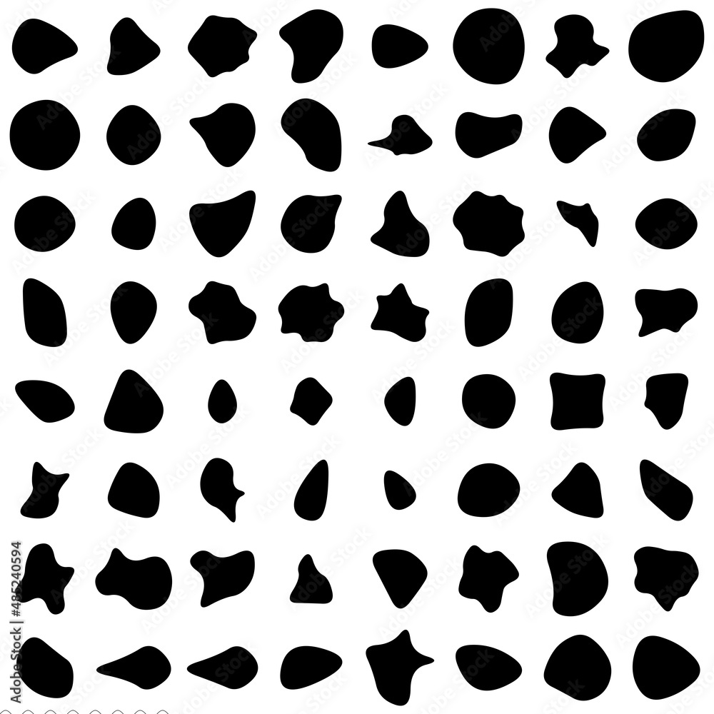 Fototapeta premium Random blotch, inkblot. Organic blob, blot. Speck shape.Splat, fleck graphic. Drop of liquid, fluid. Pebble, stone silhouette.Ink stain, mottle spot irregular shape. Basic, simple rounded, smooth form