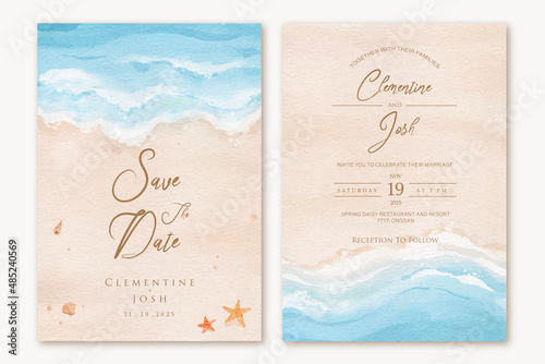 Set of wedding invitation with summer beach hand drawn watercolor background photo