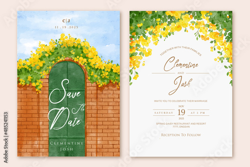 Set of wedding invitation template with watercolor yellow bougainvillea flower brick wall landscape