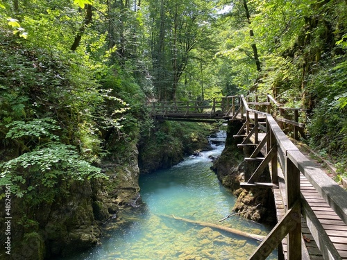 Wooden hiking trails and bridges along the protected landscape of the Kamacnik canyon - Vrbovsko, Croatia (Drvene pješačke staze i mostići duž zaštićenog krajolika kanjona Kamačnik - Gorski kotar) photo