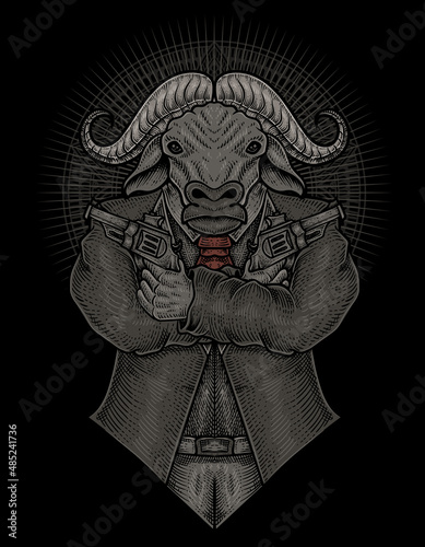 illustration buffalo gangster with engraving style