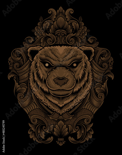 illustration bear head with engraving ornament