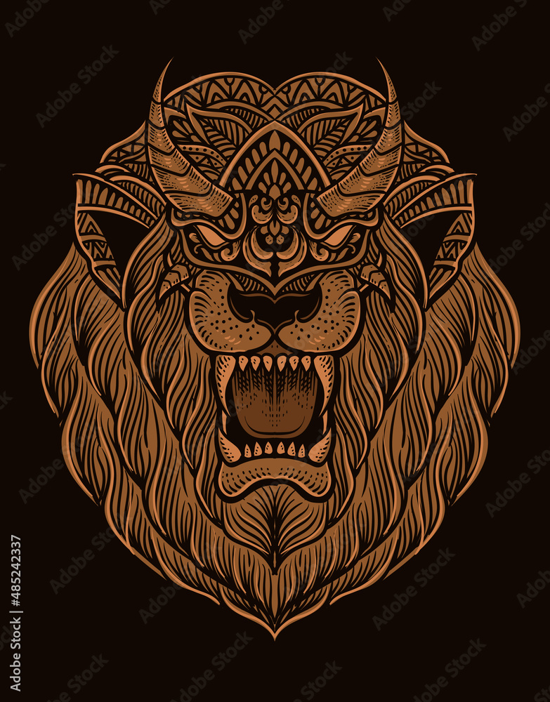 Fototapeta premium illustration lion head engraving style with mask