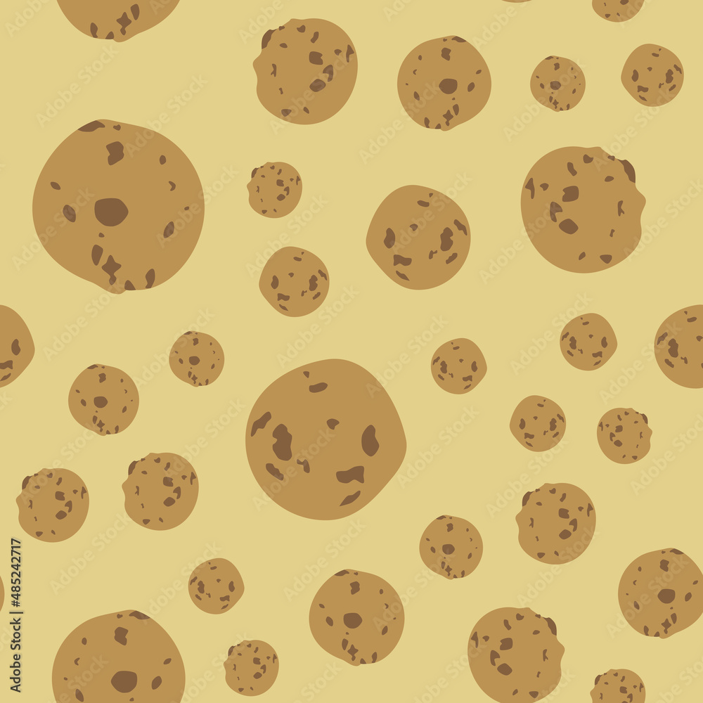 Seamless pattern with cookies. Abstract pastel pattern with tasty chocolate chip cookies. Random, chaotic cute beige background with sweet cookie. Seamless pattern with cookies. Abstract pastel pattern with tasty chocolate chip cookies. Random, chaotic cute beige background with sweet cookie.