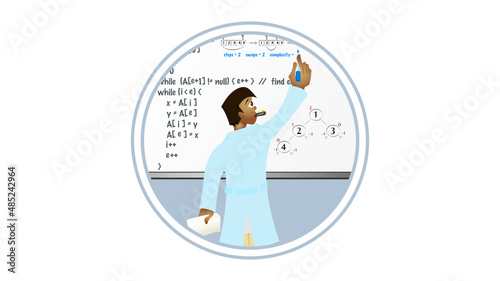 Illustration of character in lab coat writing a reverse algorithm on a whiteboard framed in circles