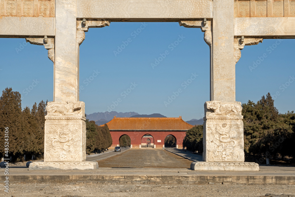 Stone archway and Great Red Gate in Dongling scenic spot of the Qing Dynasty, China