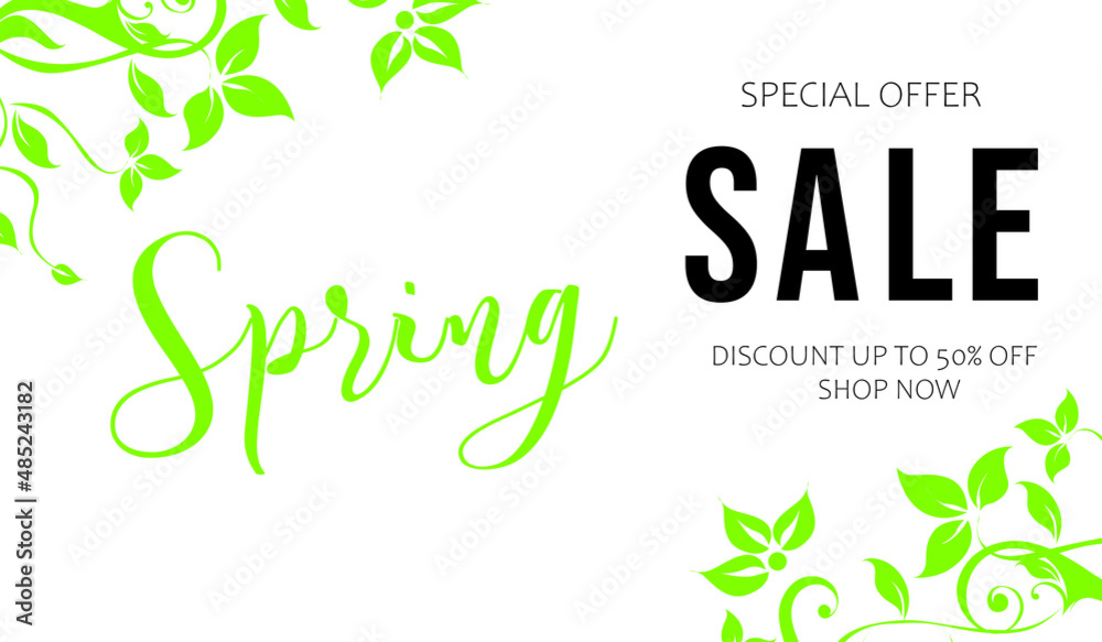 Spring Sale special offer banner. Springtime season background with hand lettering and spring green leaves for business, seasonal shopping, promotion and advertising