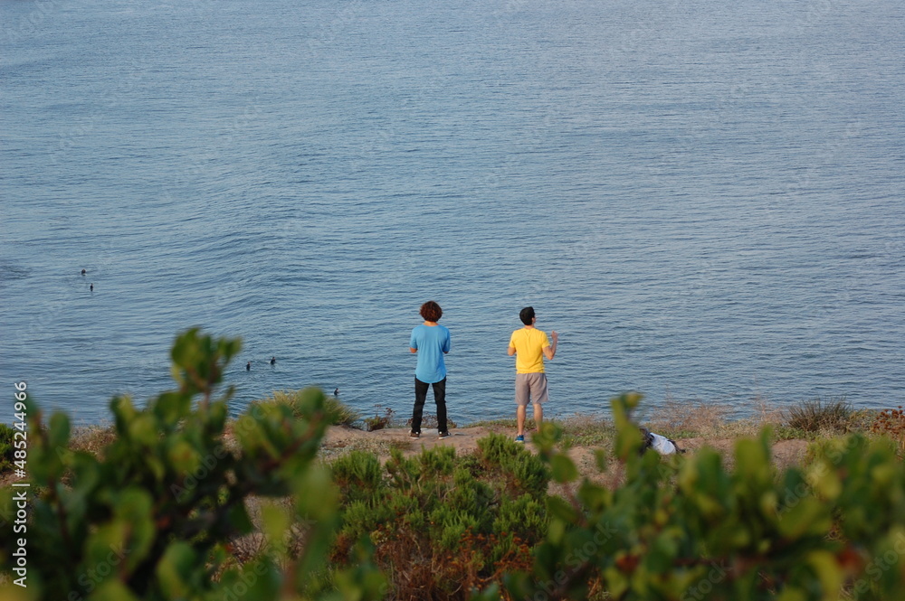two men in bright colored shirts over looking the ocean two men in bright colored shirts over looking the ocean