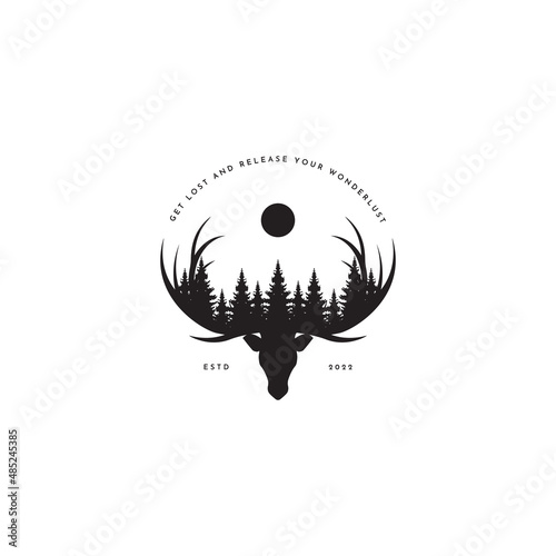 Deer head silhouette and pine forest with sun logo type vector design template