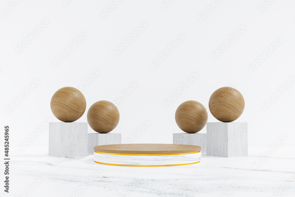 Fototapeta premium wooden and marble circle podium on white background. concept scene stage showcase for new product, promotion sale, banner, presentation, cosmetic. with copy space - 3D illustration