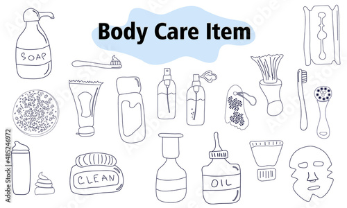 Items and elements for body care. Bathroom supplies  cosmetics  razor  toothpaste  toothbrush. In a linear style. Vector illustration.
