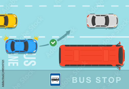 Safety driving and traffic regulating rules. Blue sedan car is about to changing lane to overtake the bus. Flat vector illustration template.