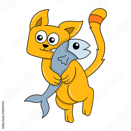 the cat is hugging the fish its food, doodle icon image kawaii
