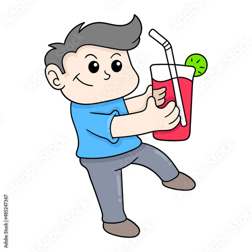 boy is enjoying a glass of ice syrup, doodle icon image kawaii