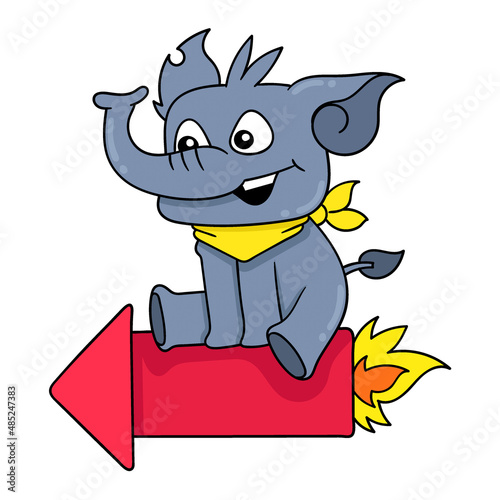 elephant sitting on a flying rocket, doodle icon image kawaii