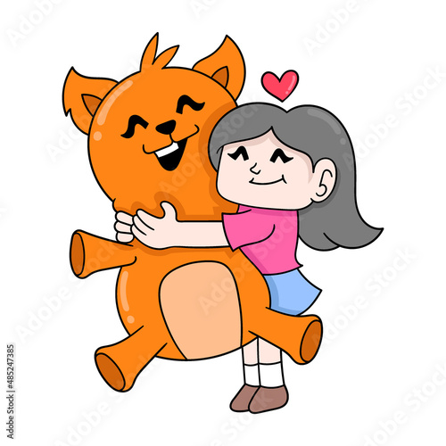 girl hugging a giant cat doll, doodle icon image kawaii