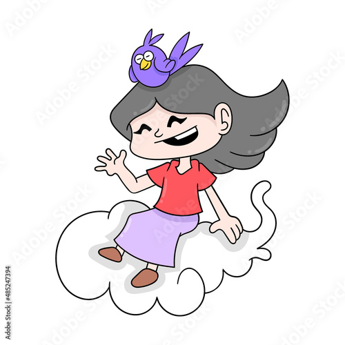 girl and parakeet playing flying above the clouds, doodle icon image kawaii
